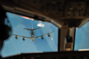 Maj. Bill Daley, a KC-46 Pegasus pilot with the 157th Air Refueling Wing, approaches a Pennsylvania Guard KC-135 Stratotanker to take on more fuel during the endurance flight.