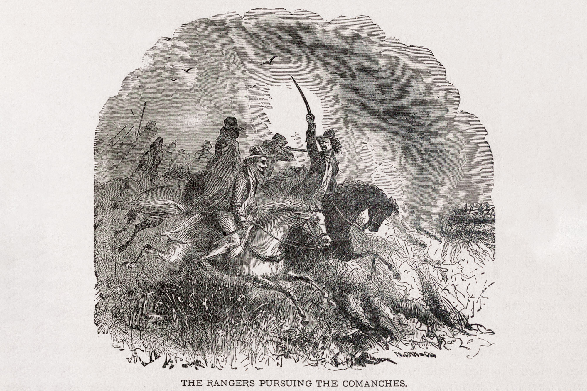 An 1883 illustration depicts the Texas Rangers pursuing Comanche Indians in the early 1800s. The Rangers were established to defend settlers of the now Lone Star State against Indian attacks. The name later became associated with a state bureau of investigation.